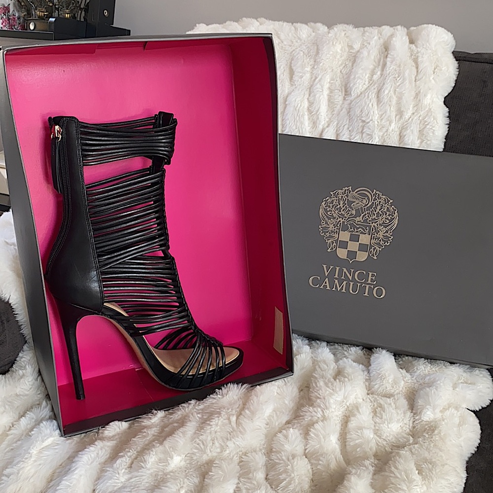 BLACK SOFT CALF MID SHAFT GLADIATOR HEELS